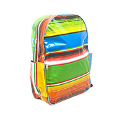 Angle view: Multi-colored horizonal stripe pattern backpack.