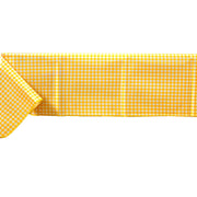 Side view: Yellow and white checkered pattern tablecloth covering table.