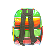 Back view: Multi-colored horizonal stripe pattern backpack with black straps. 