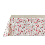 Side view: Above view: Cherry blossom print on gray background tablecloth covering table.