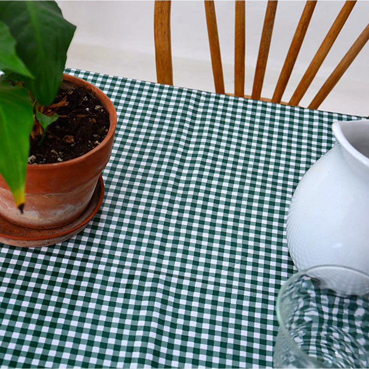 Above view: Green and white checkered pattern tablecloth covering table, potted plant centerpiece.