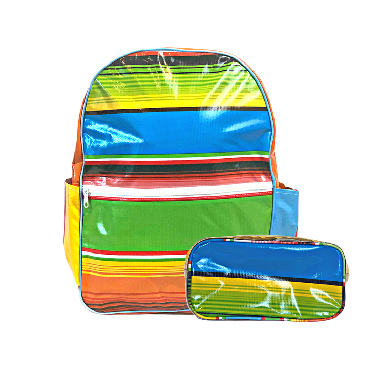 Front view: Multi-colored horizonal stripe pattern backpack with matching pencil case. 