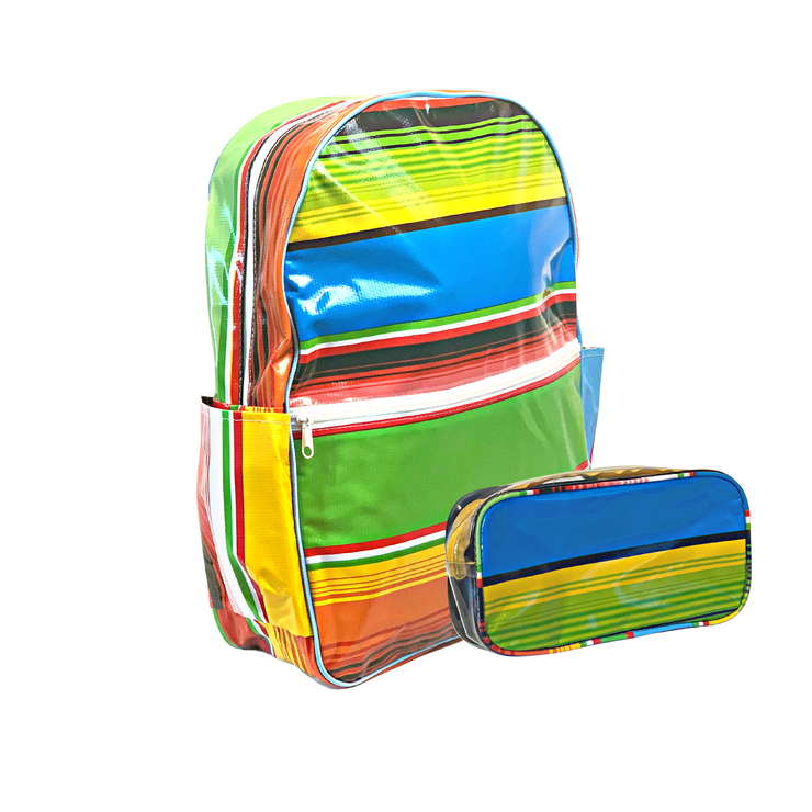 Angle view: Multi-colored horizonal stripe pattern backpack with matching pencil case. 