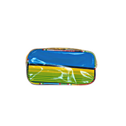 Front view: Multi-colored horizonal stripe pattern pencil case.