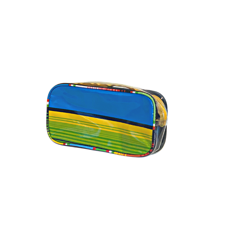 Angle view: Multi-colored horizonal stripe pattern pencil case. 