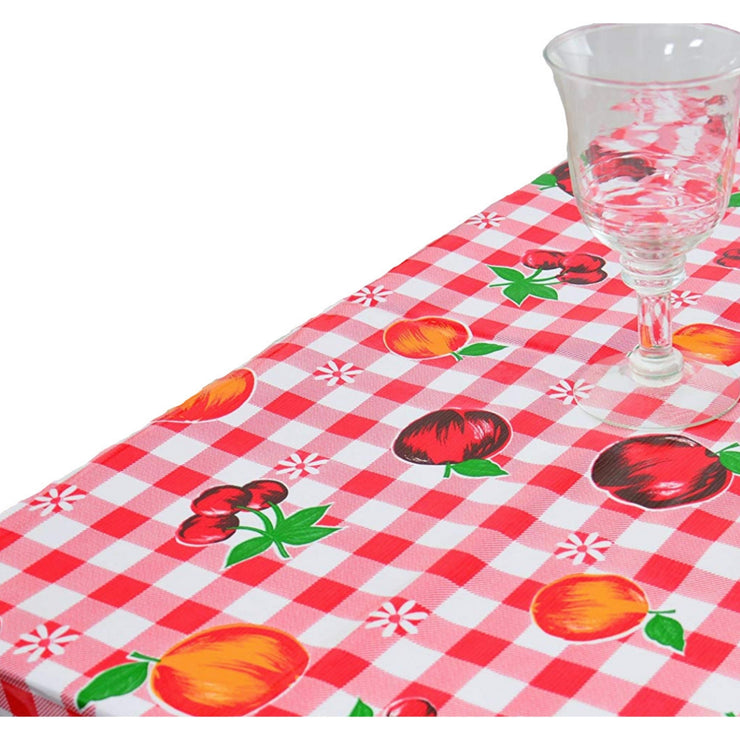 Above view:  Fruit print on red and white checkered background, covering table.