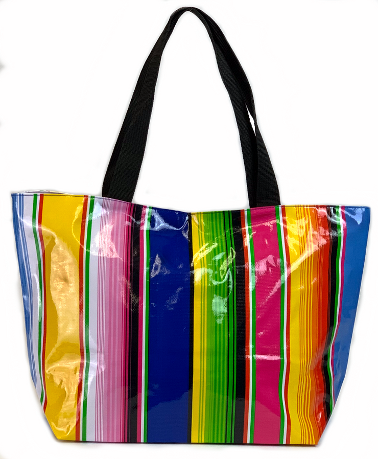 Front view: Multi-colored vertical striped pattern tote with black handles, glossy version.