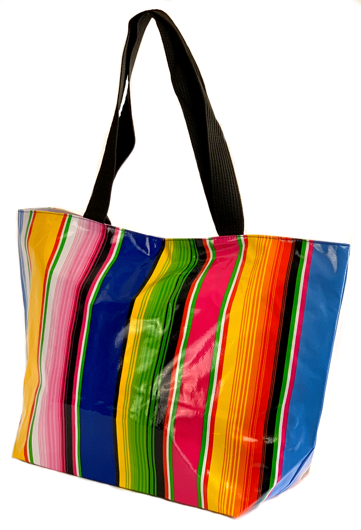 Side view: Multi-colored vertical striped pattern tote with black handles, glossy version.