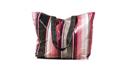 Front view: Multi-colored vertical striped pattern tote with black handles, glossy version.