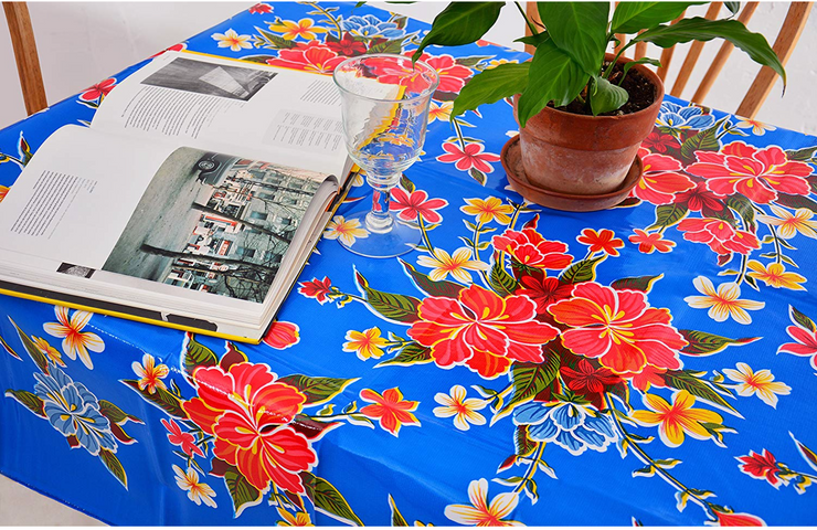 Above view: Multi-colored floral print on blue background tablecloth, with potted plant centerpiece.