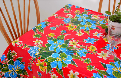 Above view: Multi-colored floral print on red background tablecloth, with potted plant centerpiece.