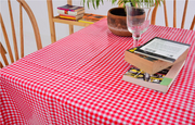 Angle view: Red and white checkered pattern tablecloth, books displayed and potted plant centerpiece. 