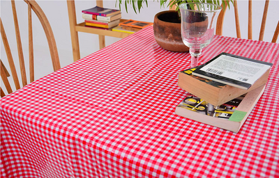 Angle view: Red and white checkered pattern tablecloth, books displayed and potted plant centerpiece. 