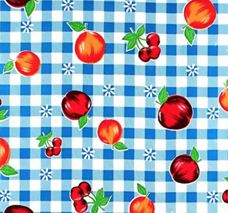 Close up:  Multi-colored fruit print on blue and white checkered pattern background tablecloth.