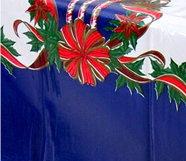 Close up: Red ribbons with poinsettia edging on white and blue striped background tablecloth.