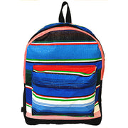 Front view: Serape Backpack, multi-colored with horizontal striped pattern. 