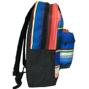 Side view:  Multi-colored horizonal stripe pattern backpack, matte look.