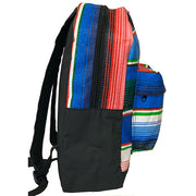 Side view: Serape Backpack, multi-colored with horizontal striped pattern. 