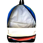 Front view:  Multi-colored horizonal stripe pattern backpack opened showing white interior with pocket. 