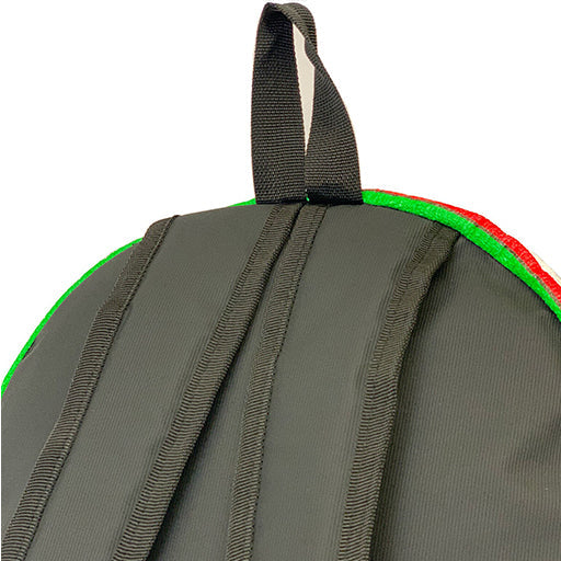 Back view: Serape backpack, black back panel, black shoulder straps and black grab handle.