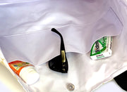 Interior: White interior with clasp and three pockets holding gum, sunglasses and hand lotion. 