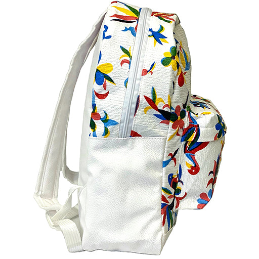 Side view: Otomi backpack with multi-colored flower/animal print on white background.