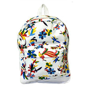 Front view: Otomi backpack with multi-colored flower/animal print on white background.