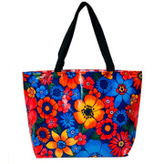 Front view: Bright Blooms Tote, multi-colored floral print. 