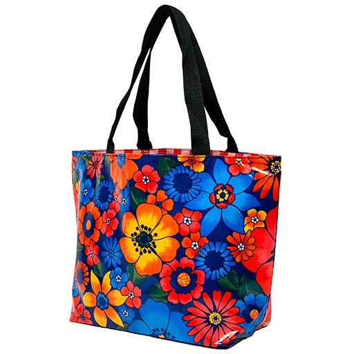 Side view: Bright Blooms Tote, multi-colored floral print.