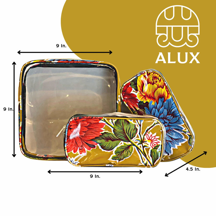 Front view:  One large case and two small travel cases, multi-colored flower print on mustard background, with dimensions.