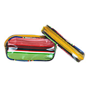 Front view:  Two small travel cases, multi-colored horizontal stripe pattern.