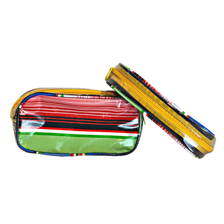 Front view:  Two small travel cases, multi-colored horizontal stripe pattern.