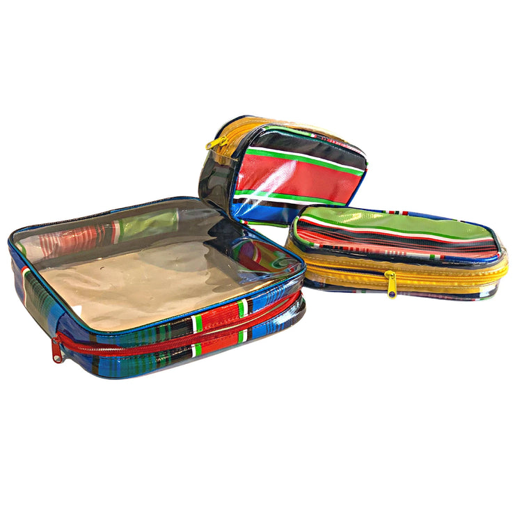 Above view:  One large case and two small travel cases, multi-colored horizontal stripe pattern.