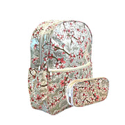 Side view: Sakura Backpack with separate pencil case, cherry blossom print on gray background.