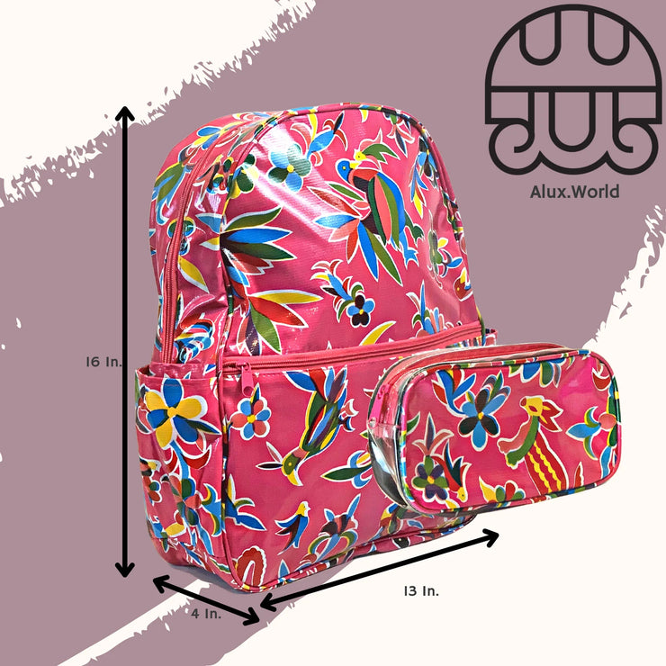 Side view: Otomi Backpack with separate pencil case, multi-colored flower/animal print on pink background, with dimensions. 