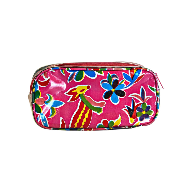 Front view: Otomi pencil case with multi-colored flower/animal print on pink background.