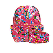 Front view: Otomi backpack with separate pencil case, multi-colored flower/animal print on pink background.