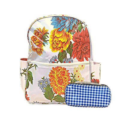 Front view: Multi-colored floral print on white background backpack with white and blue checkered pattern pencil case. 