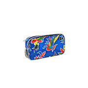 Side view: Otomi pencil case with multi-colored flower/animal print on blue background.