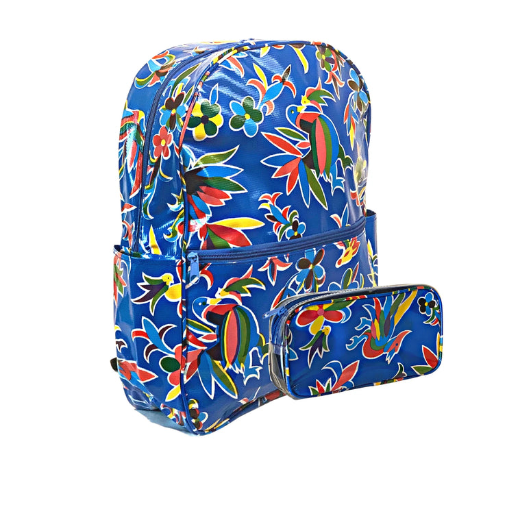 Side view: Otomi backpack with separate pencil case, multi-colored flower/animal print on blue background.