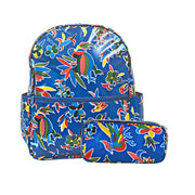 Front view: Otomi backpack with separate pencil case, multi-colored flower/animal print on blue background.