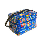 Angle view: Multi-colored animal/floral print on blue background lunchbox with black strap handle. 