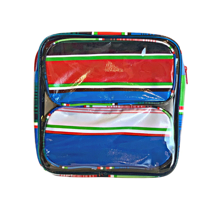 Front view:  Two small travel cases, multi-colored horizontal stripe pattern, fitting inside large case.