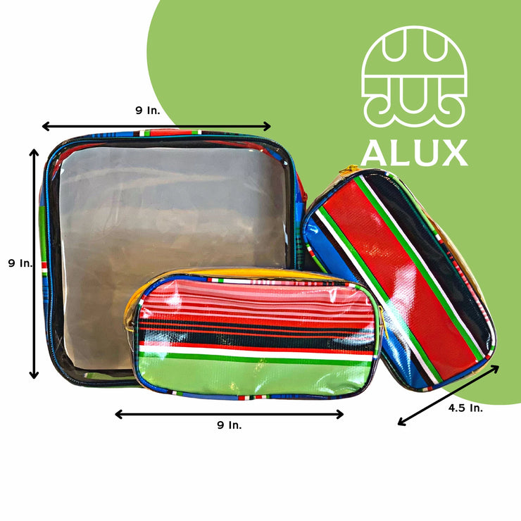 Front view:  One large case and two small travel cases, multi-colored horizontal stripe pattern, with dimensions.