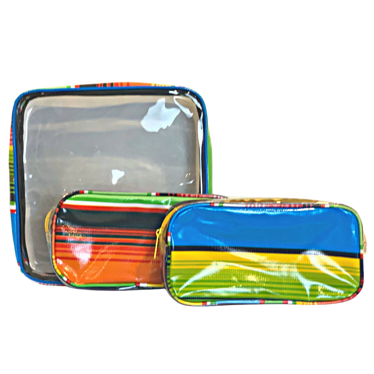 Front view:  One large case and two small travel cases, multi-colored horizontal stripe pattern.