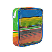 Side view:  Two small travel cases, multi-colored horizontal stripe pattern, fitting inside large case.