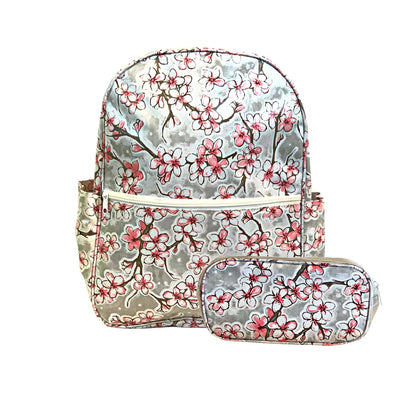 Front view: Sakura Backpack with separate pencil case, cherry blossom print on gray background. 