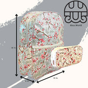 Side view: Sakura Backpack with separate pencil case, cherry blossom print on gray background, showing dimensions.