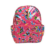 Front view: Otomi backpack with multi-colored flower/animal print on pink background.