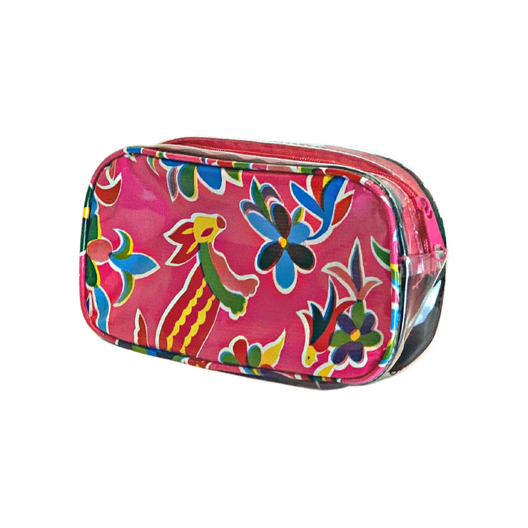 Side view: Otomi pencil case with multi-colored flower/animal print on pink background.